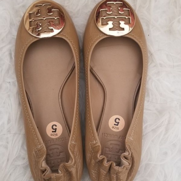 Tory Burch Ballet Flats Tan Beige Logo Gold - Picture 3 of 4